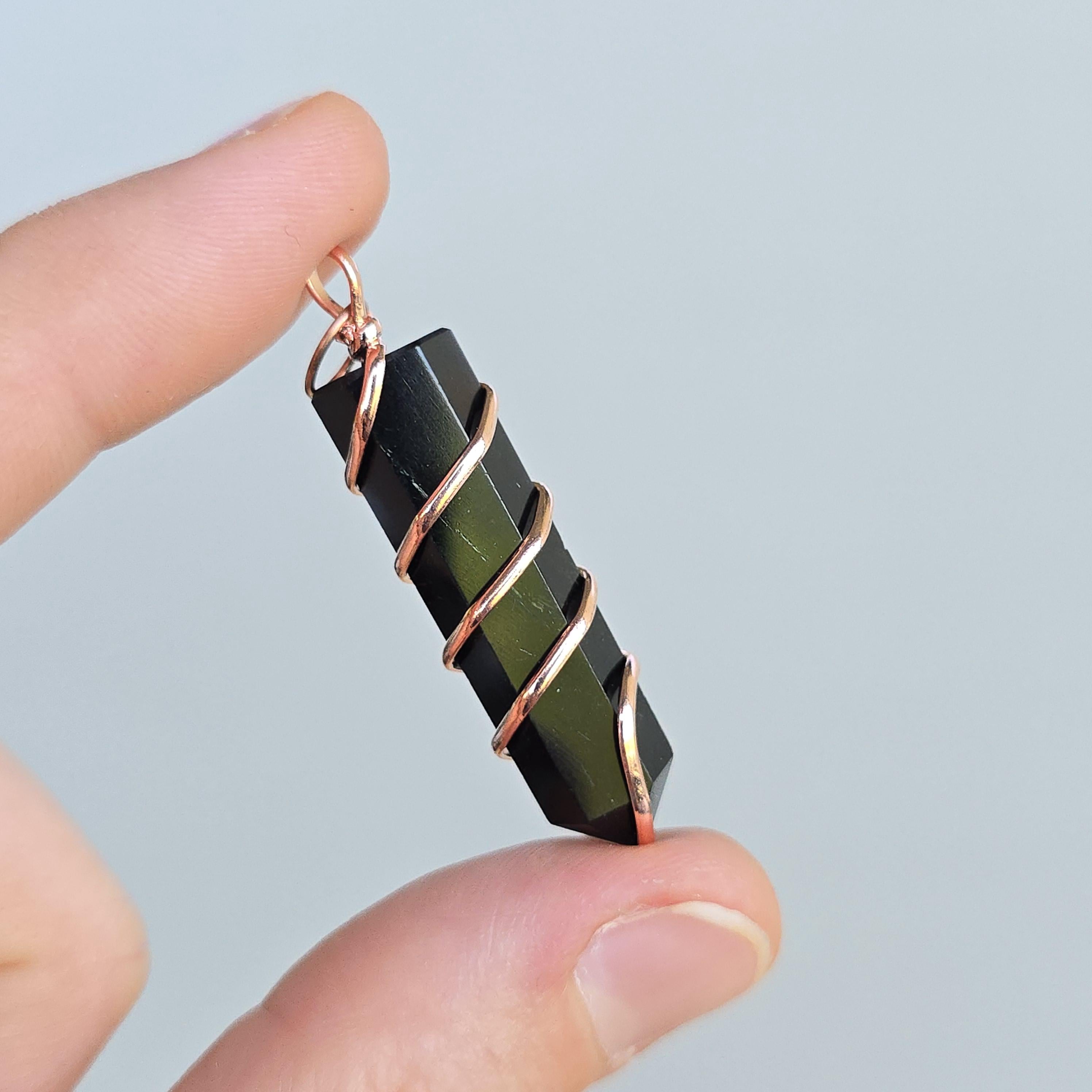 Black Obsidian Pendant Necklace: Wire Wrapped Gemstone with Copper Chain