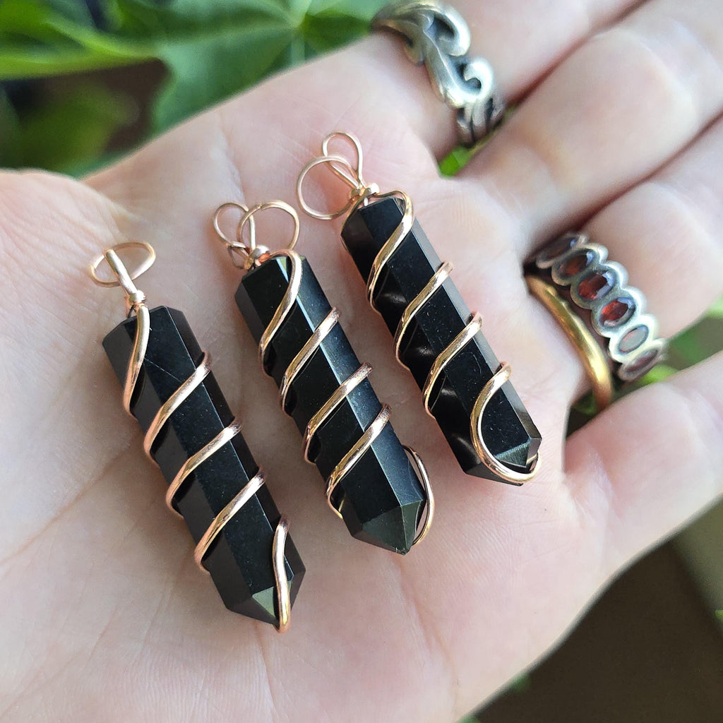 Black Obsidian Pendant Necklace: Wire Wrapped Gemstone with Copper Chain