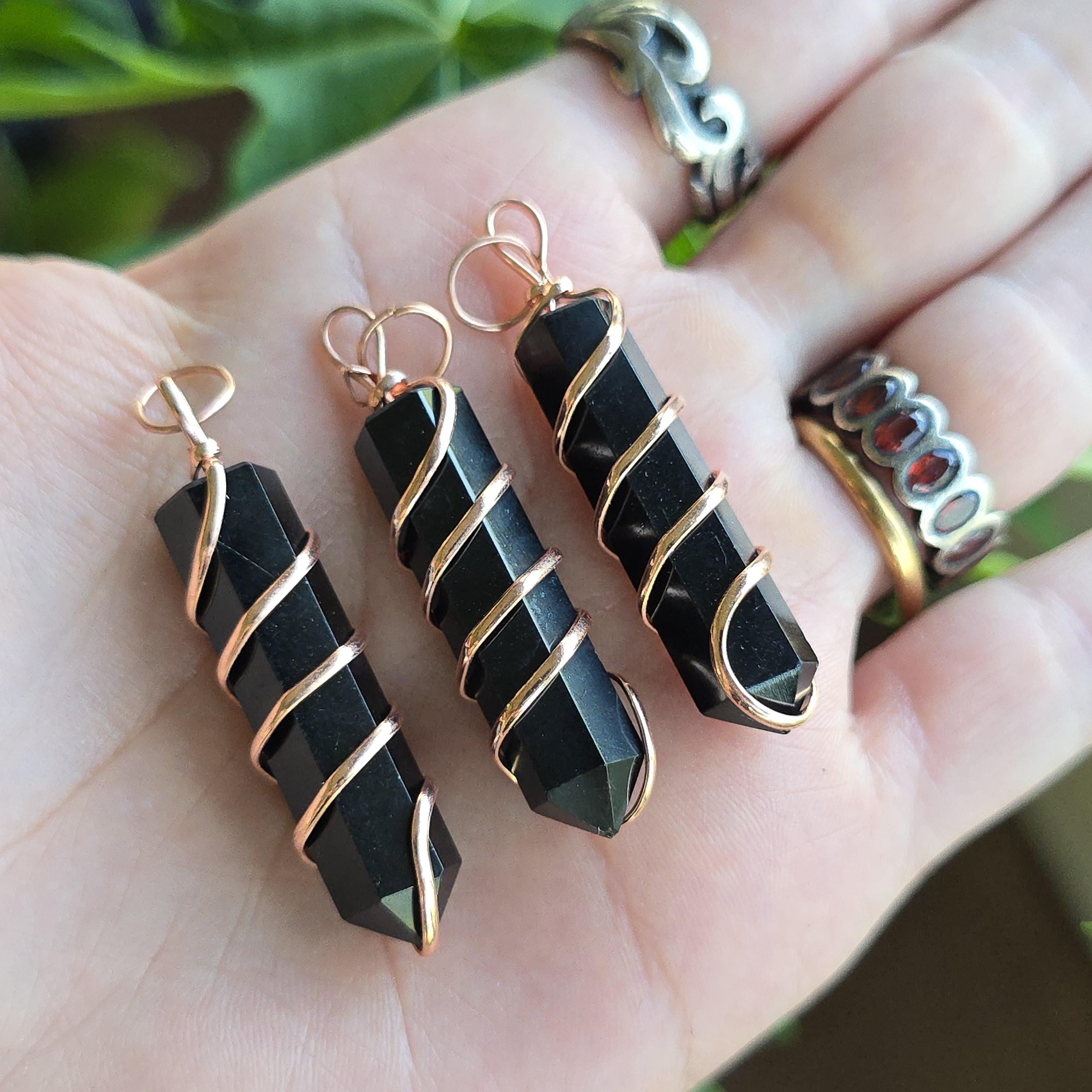 Black Obsidian Pendant Necklace: Wire Wrapped Gemstone with Copper Chain