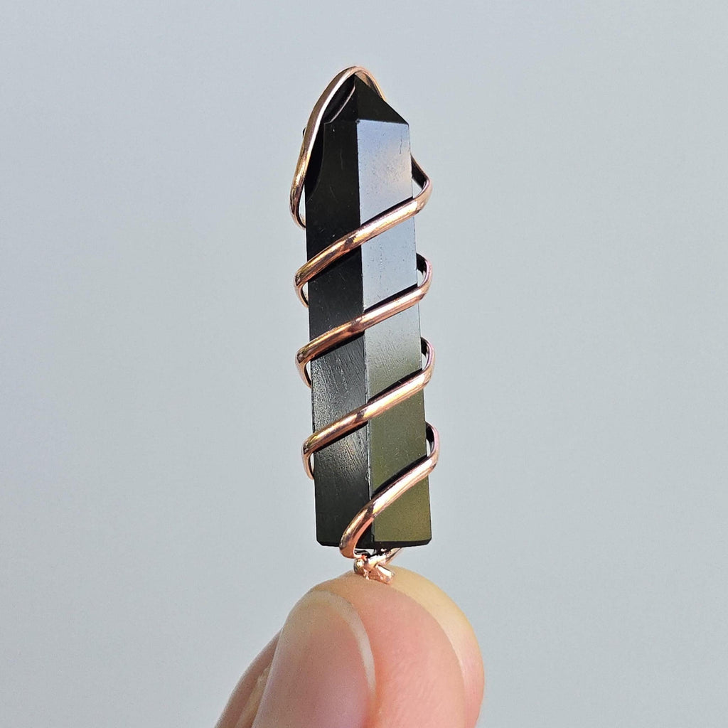 Black Obsidian Pendant Necklace: Wire Wrapped Gemstone with Copper Chain