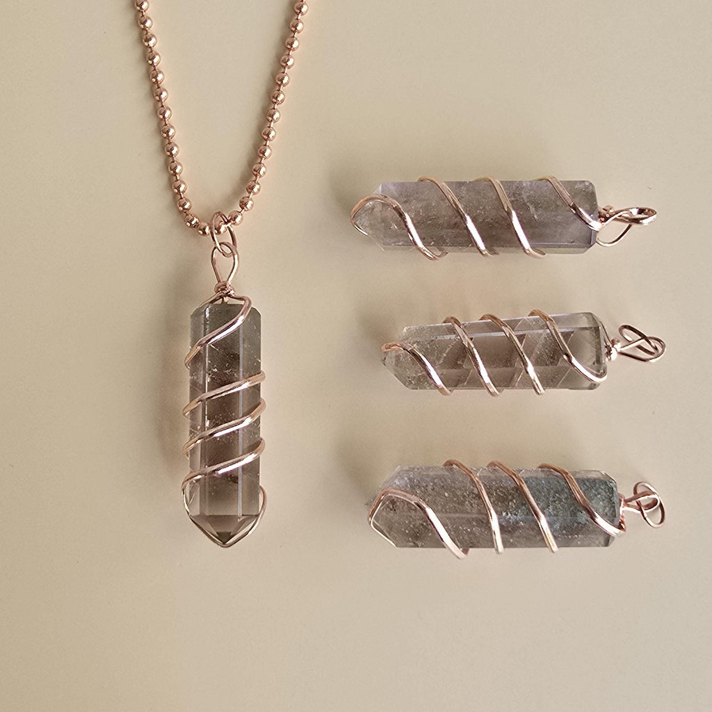 Smoky Quartz Pendant Necklace: Wire Wrapped Gemstone with Copper Chain