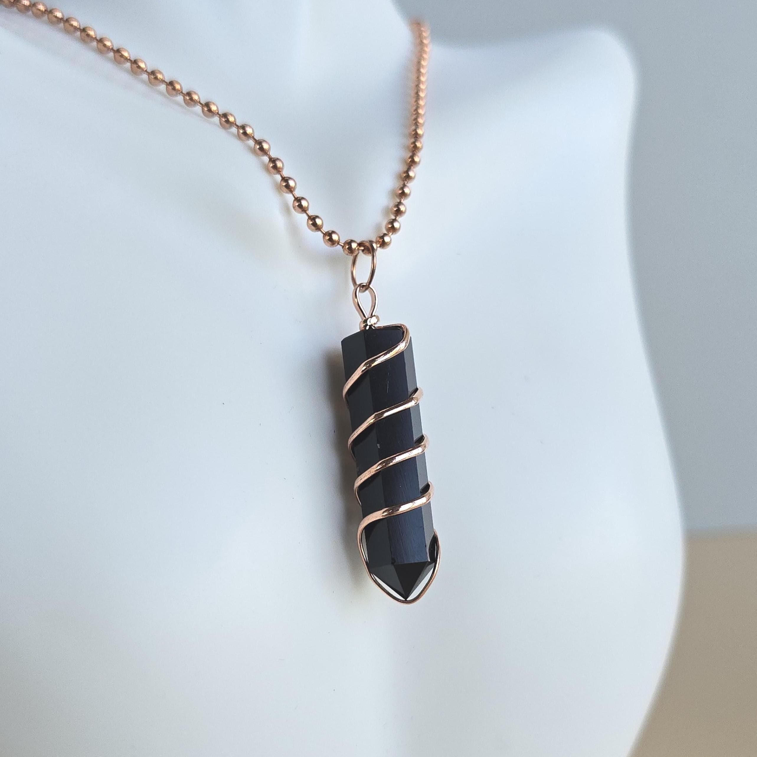 Black Obsidian Pendant Necklace: Wire Wrapped Gemstone with Copper Chain