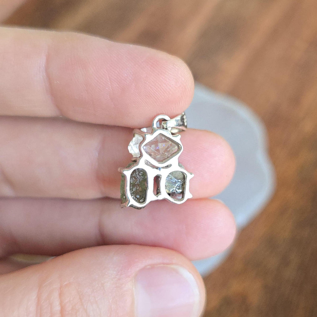 Moldavite, Meteorite & Herkimer Diamond Sterling Silver Pendant Necklace