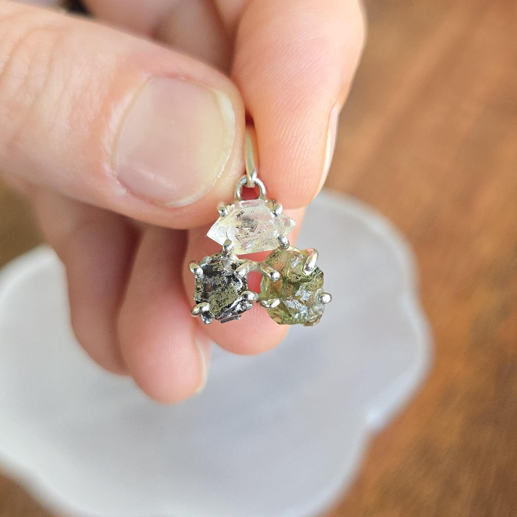 Moldavite, Meteorite & Herkimer Diamond Sterling Silver Pendant Necklace