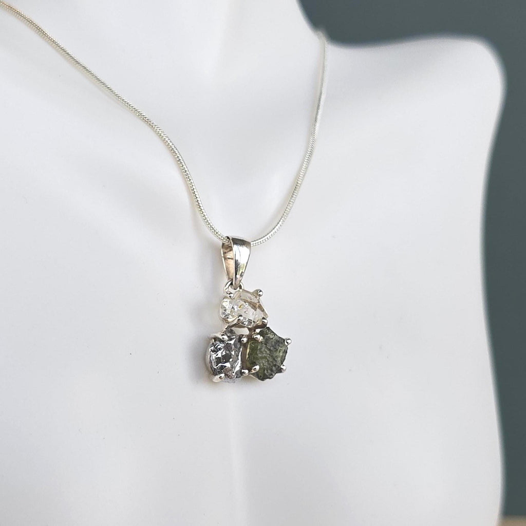 Moldavite, Meteorite & Herkimer Diamond Sterling Silver Pendant Necklace
