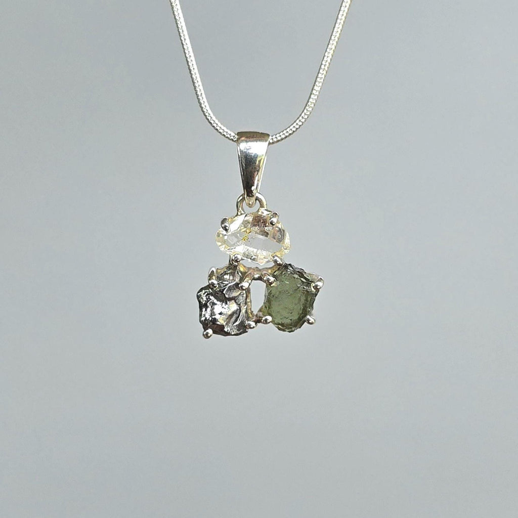 Moldavite, Meteorite & Herkimer Diamond Sterling Silver Pendant Necklace