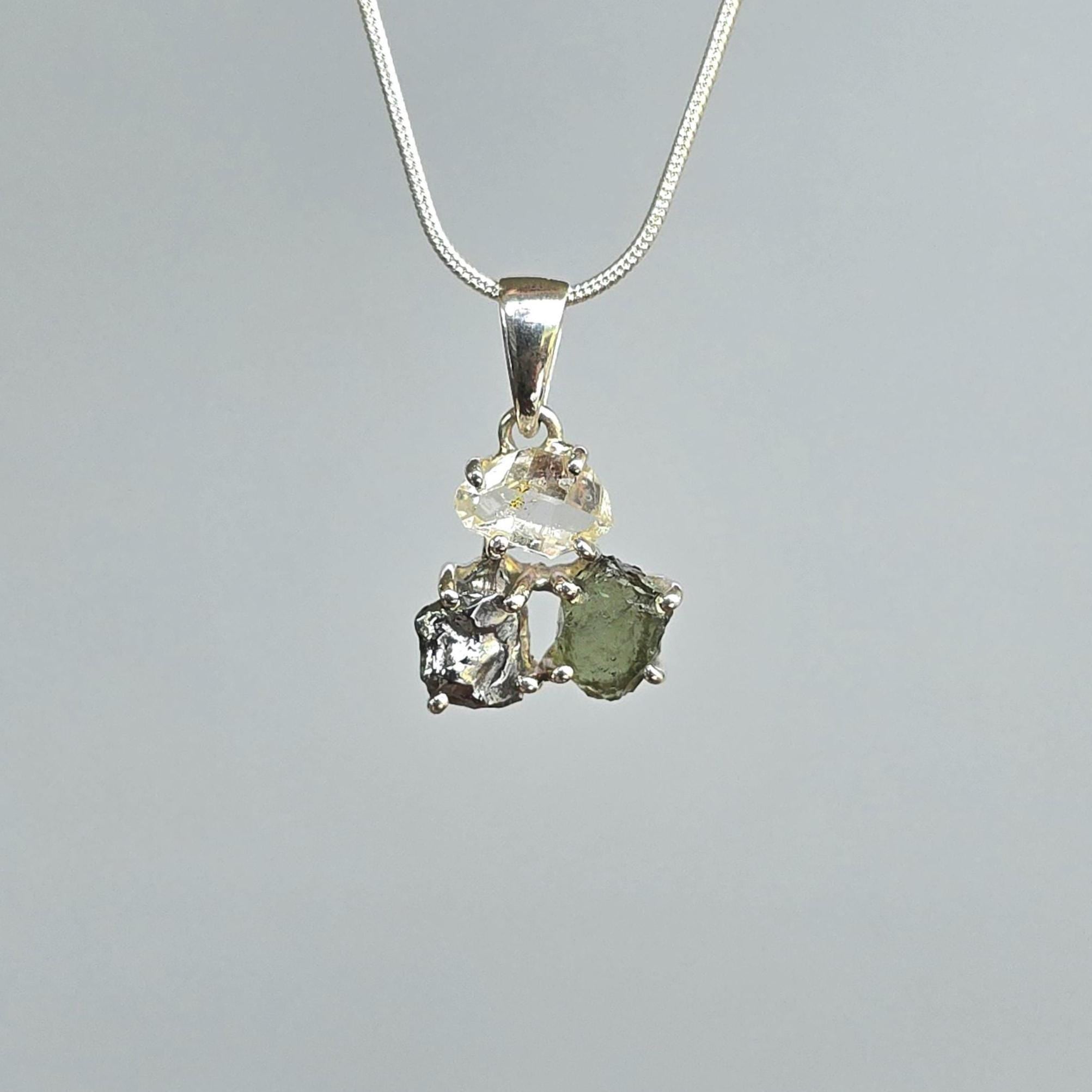 Moldavite, Meteorite & Herkimer Diamond Sterling Silver Pendant Necklace