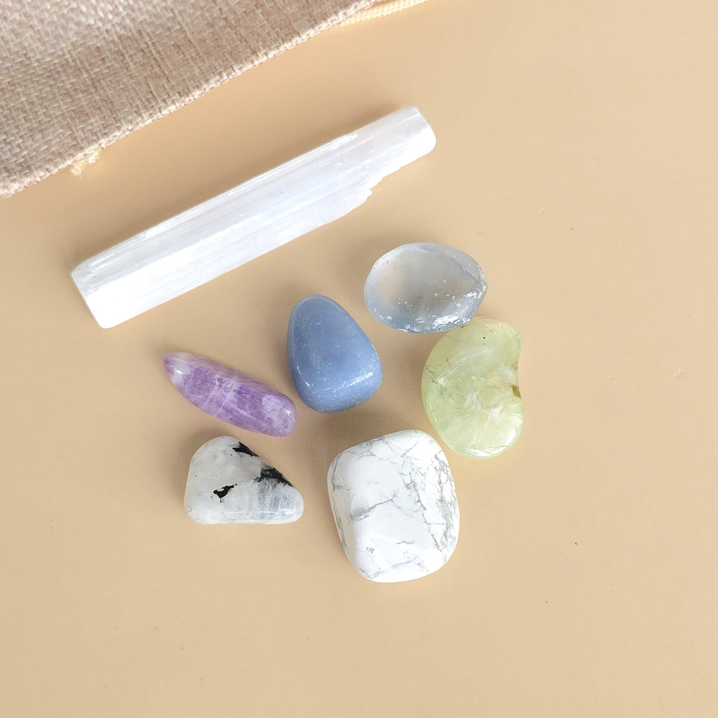 Crystal Set: Sleep & Relaxation, 7 Tumble Stones with Selenite, Jute Bag Included