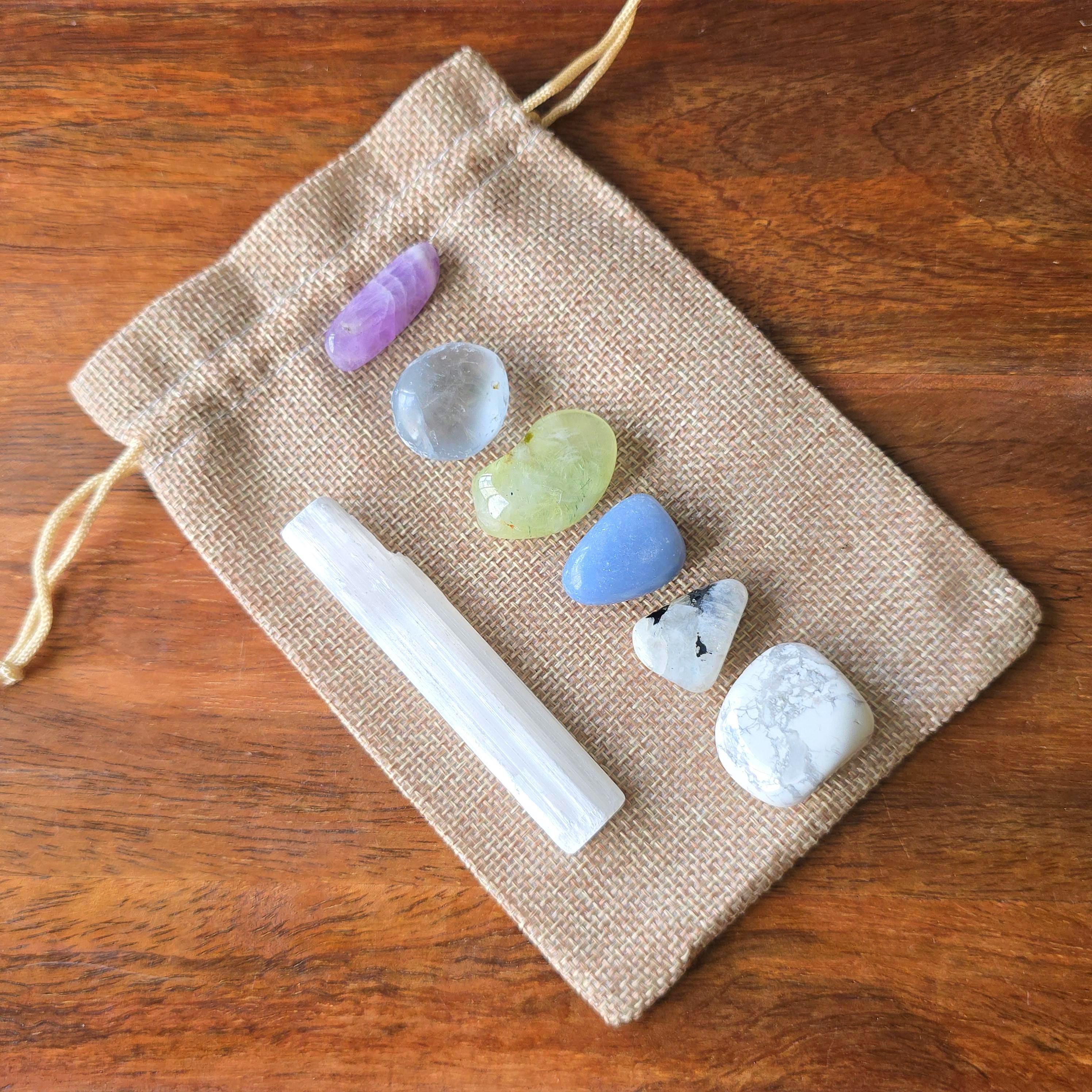 Crystal Set: Sleep & Relaxation, 7 Tumble Stones with Selenite, Jute Bag Included