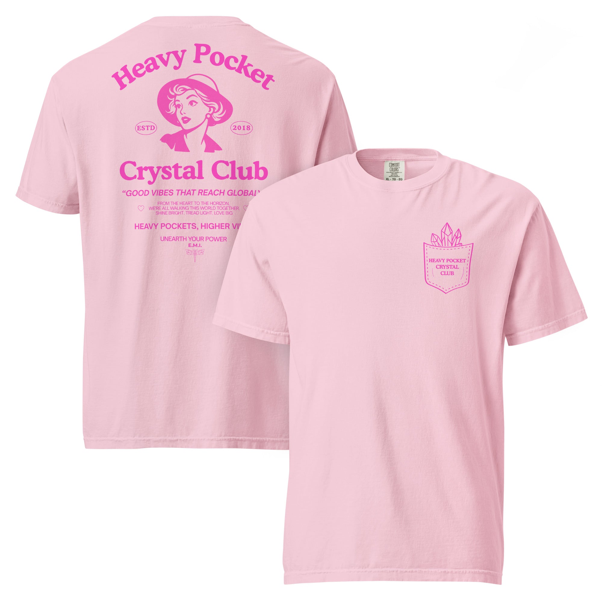 Heavy Pockets Crystal Club T-Shirt - Hot Pink - Good Vibes That Reach Globally - Retro Crystal Lover Unisex Tee