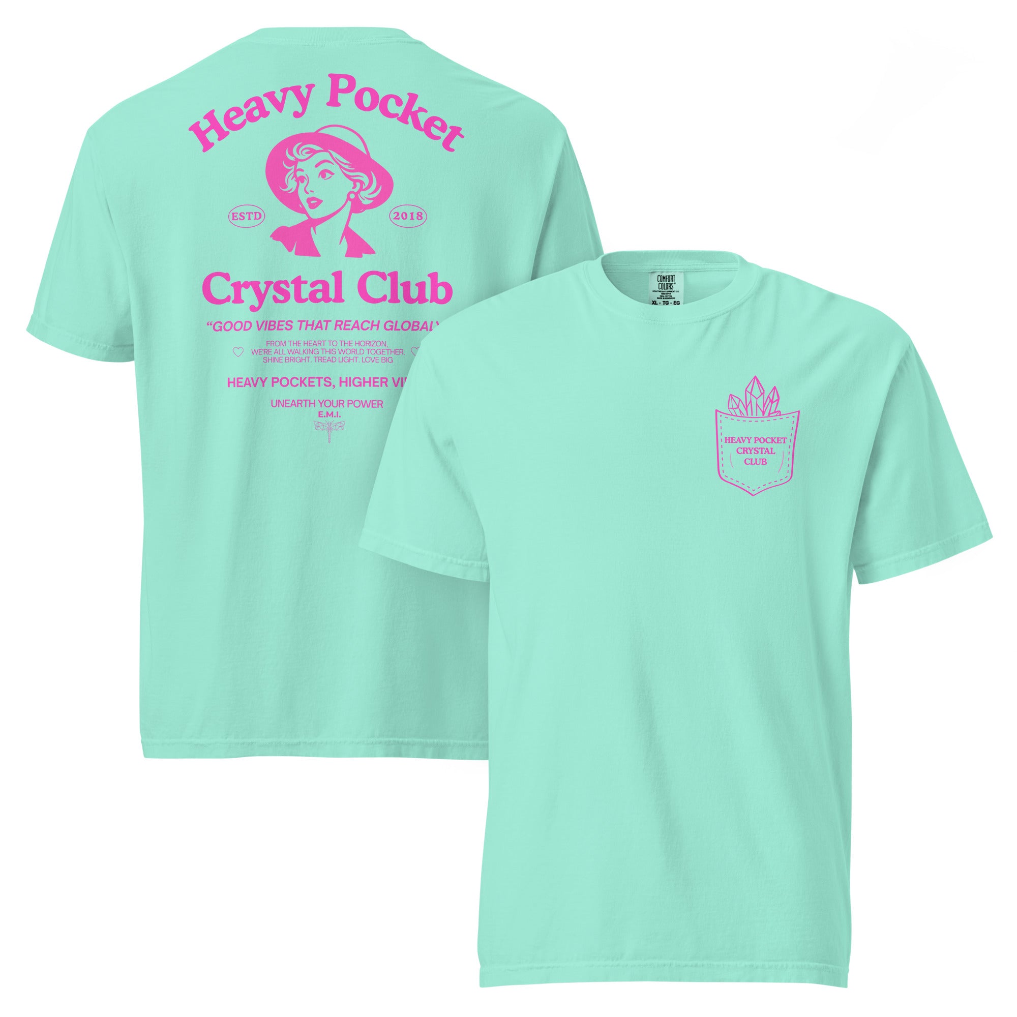 Heavy Pockets Crystal Club T-Shirt - Hot Pink - Good Vibes That Reach Globally - Retro Crystal Lover Unisex Tee
