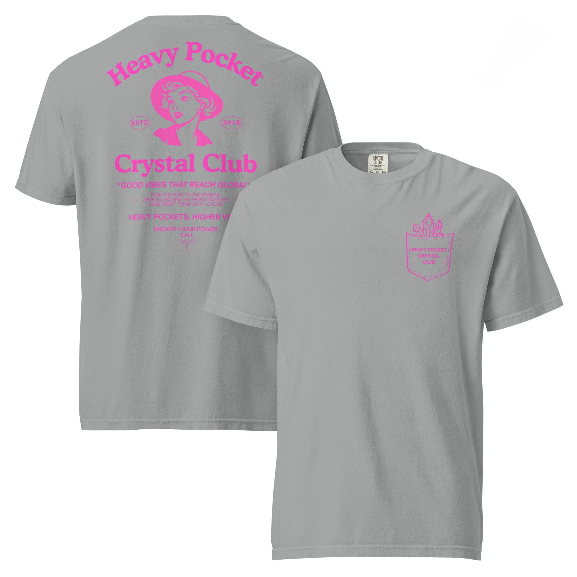 Heavy Pockets Crystal Club T-Shirt - Hot Pink - Good Vibes That Reach Globally - Retro Crystal Lover Unisex Tee