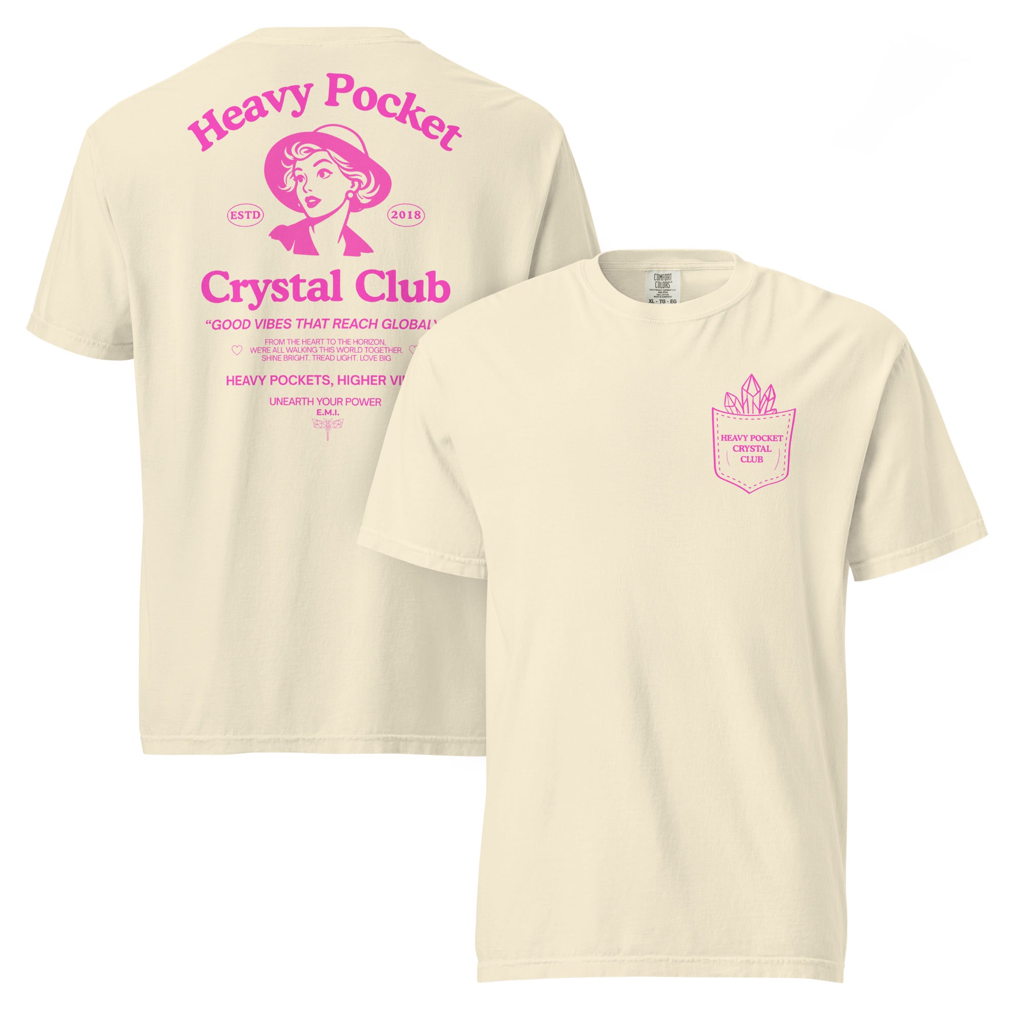 Heavy Pockets Crystal Club T-Shirt - Hot Pink - Good Vibes That Reach Globally - Retro Crystal Lover Unisex Tee