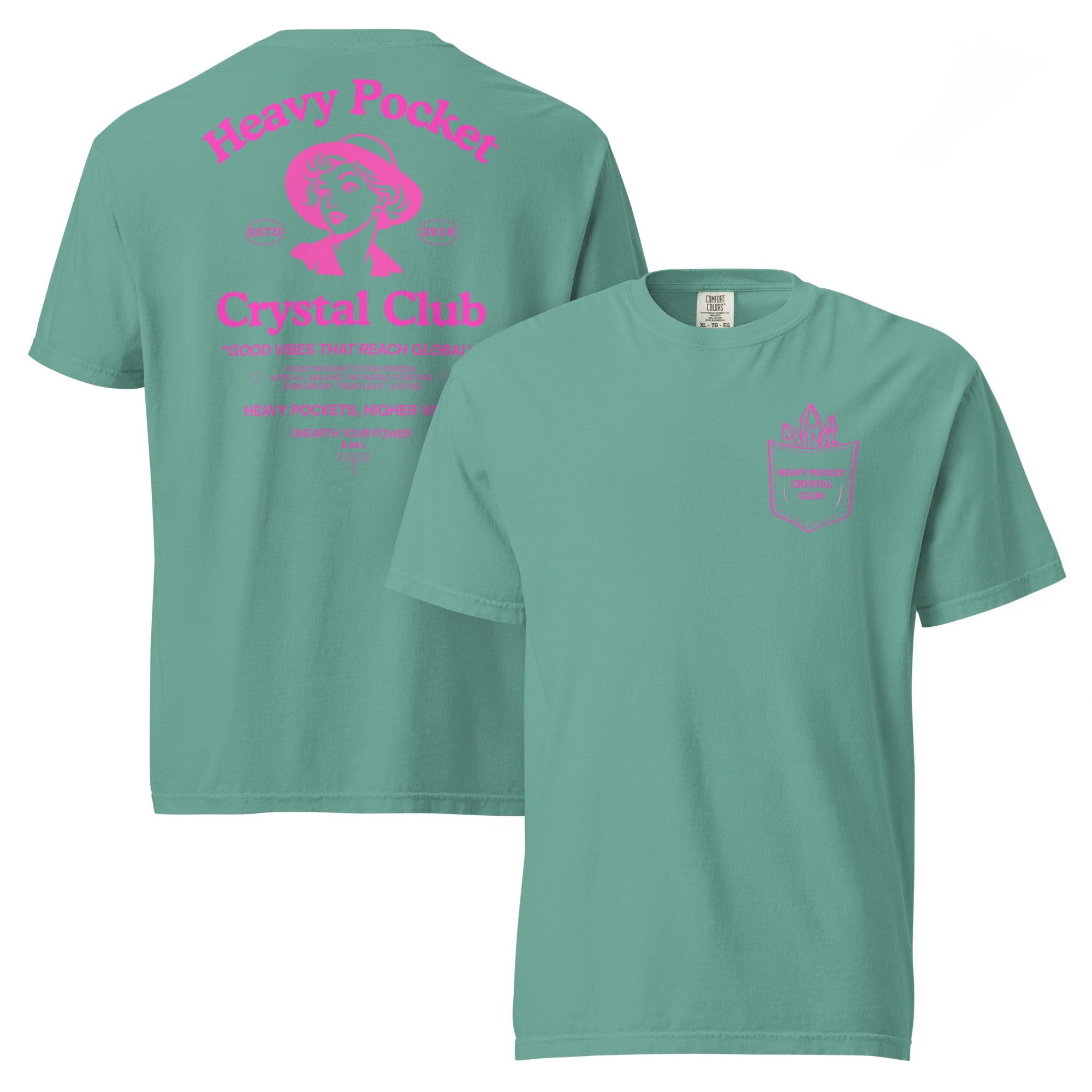 Heavy Pockets Crystal Club T-Shirt - Hot Pink - Good Vibes That Reach Globally - Retro Crystal Lover Unisex Tee
