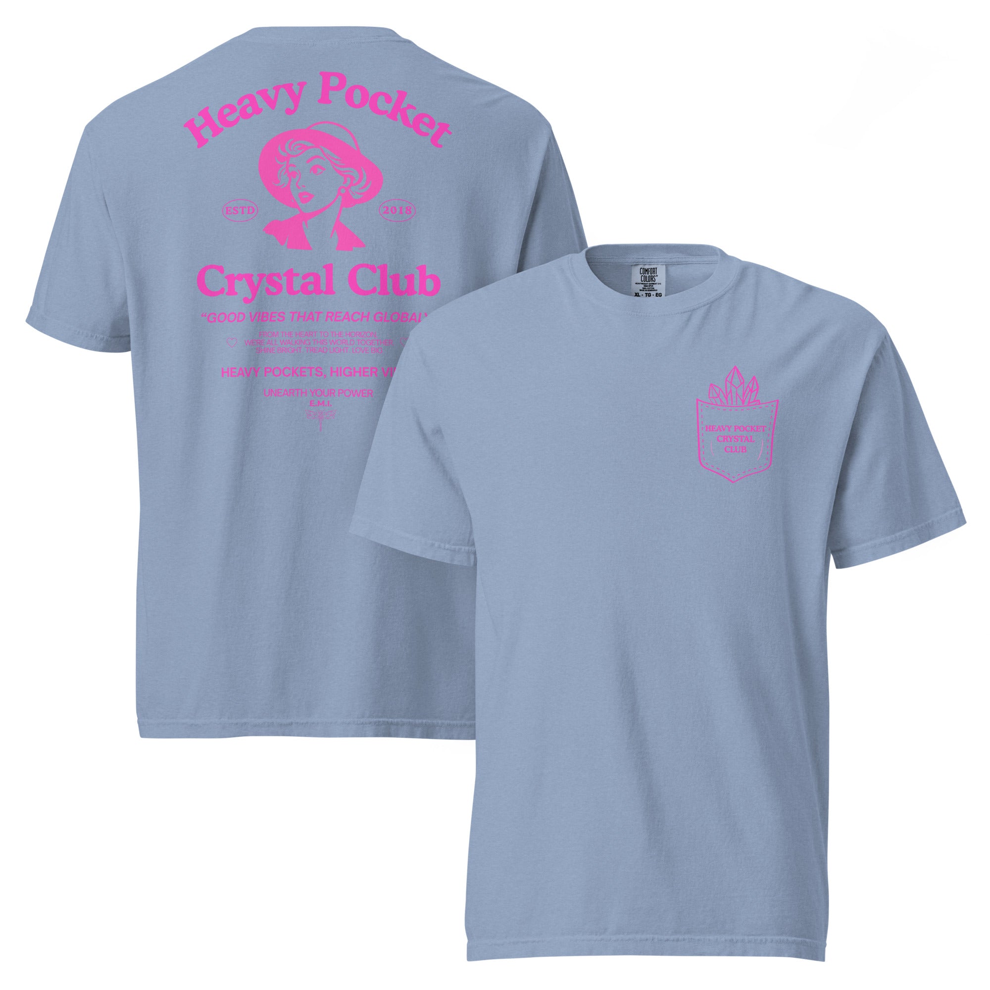 Heavy Pockets Crystal Club T-Shirt - Hot Pink - Good Vibes That Reach Globally - Retro Crystal Lover Unisex Tee